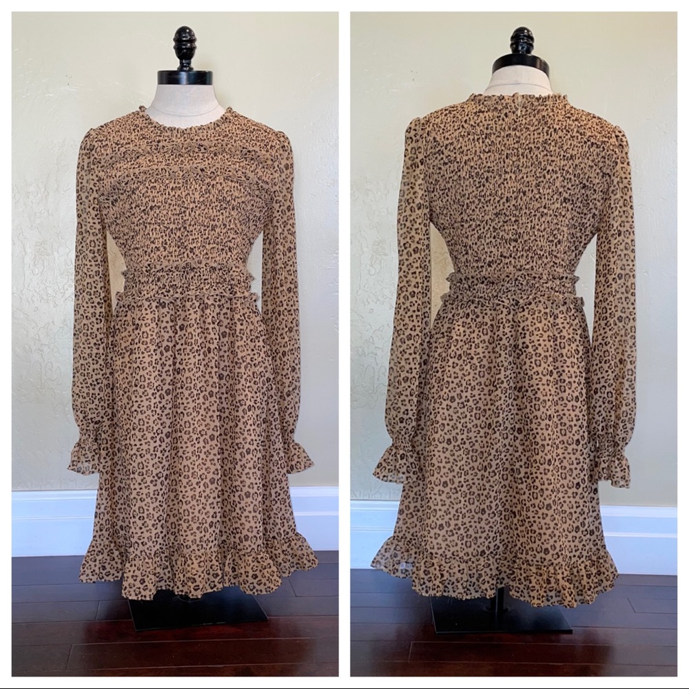 RP Rachel Parcell Animal Leopard Print Smocked Ruffle Long Sleeve Dress Medium
